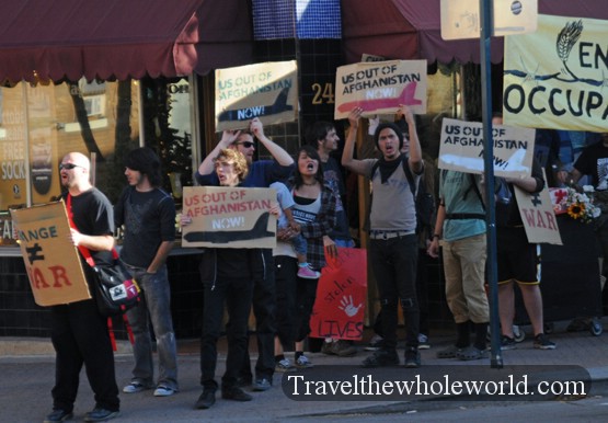 Anti-war protesters demonstrating in downtown Flagstaff, Arizona