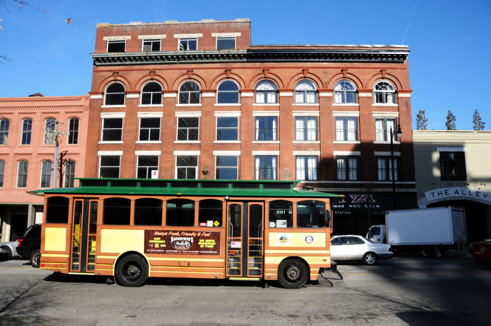 Trolley traveling through downtown Montgomery Alabama