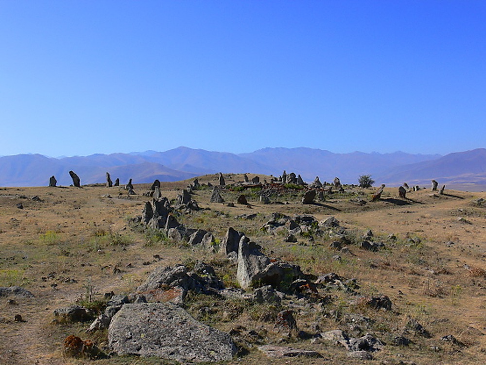 Ancient standing stones at Karahunj archaeological site in Armenia