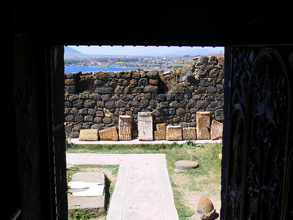 Historic carved stones near Lake Sevan in Armenia