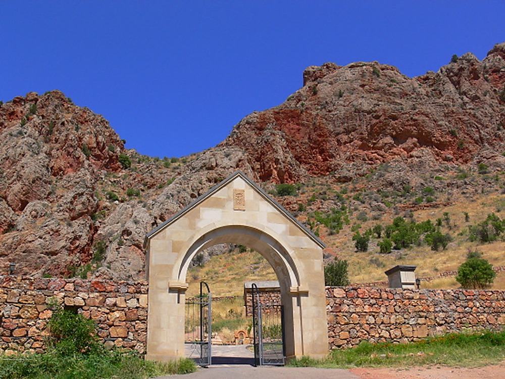 Stone entrance at Noravank Monastery in Armenia
