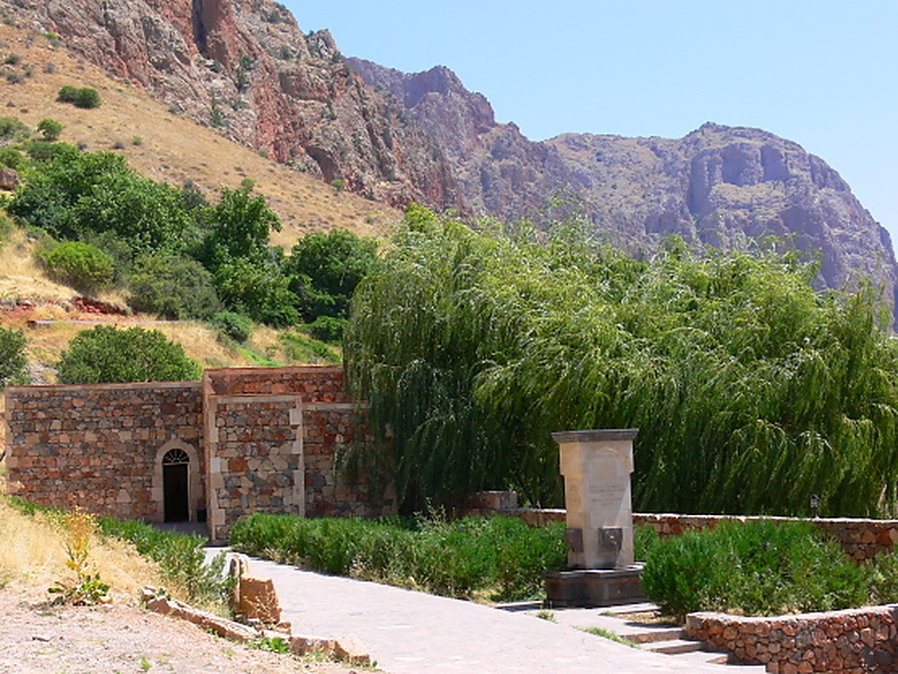Garden and fountain at Noravank Monastery in Armenia