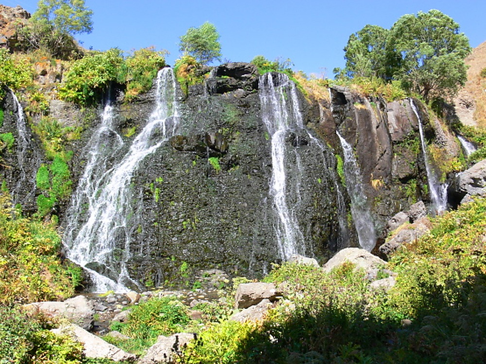 Shaki Waterfall flowing over a rock cliff in southern Armenia