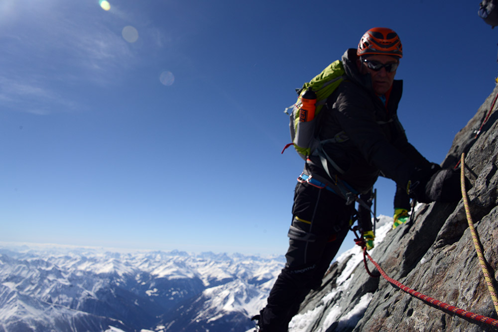 Climbers passing each other near the Glocknerscharte on Grossglockner
