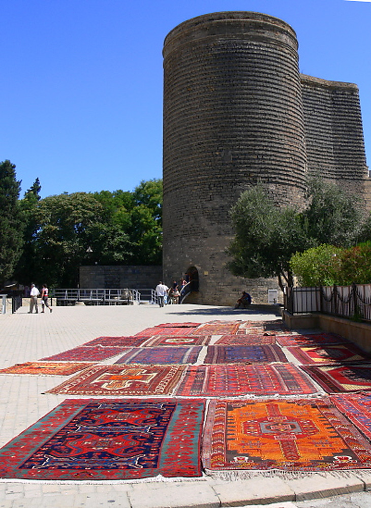 Carpets displayed inside Maiden Tower in Baku