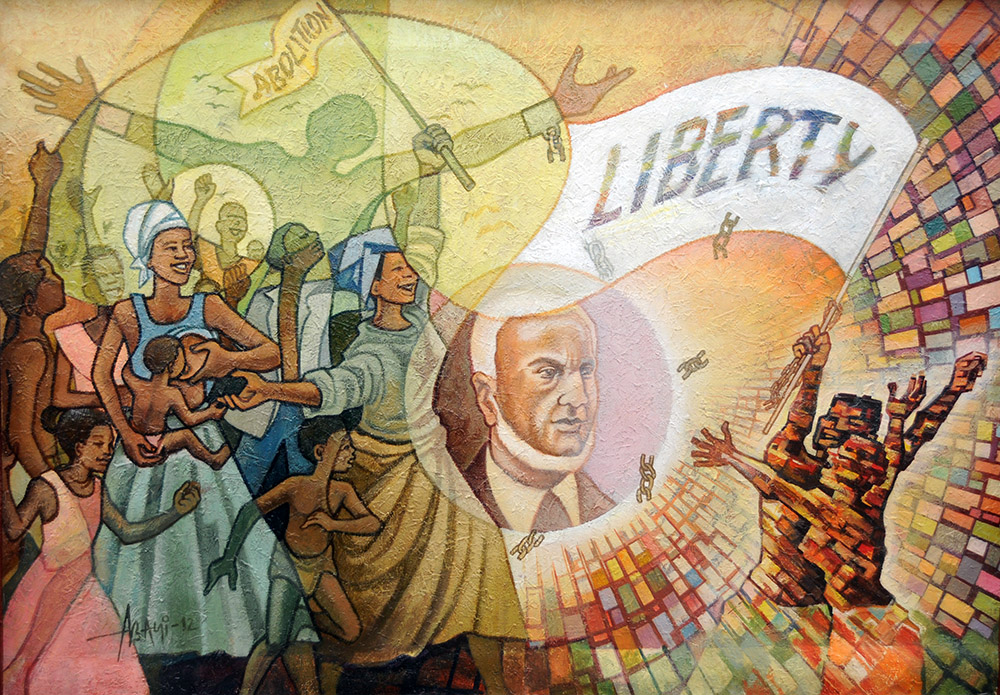 Historical mural around a public memorial in Cotonou, Benin