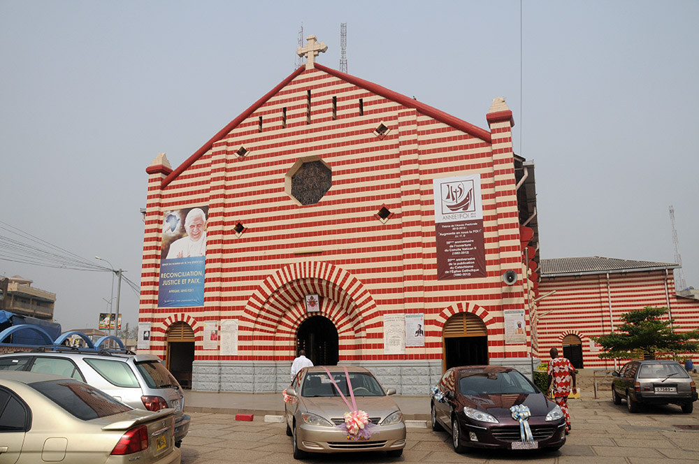 Red and white striped Notre Dame de Cotonou Cathedral in Benin