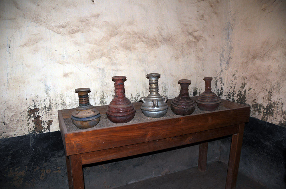 Ceremonial vessels displayed inside the former royal palace in Porto-Novo, Benin