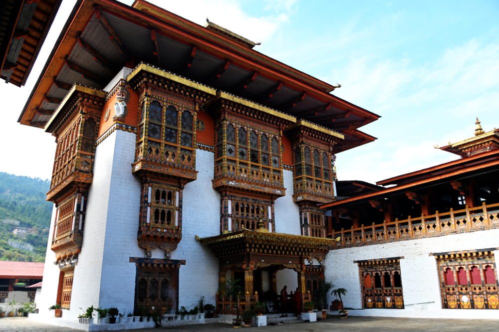 Interior courtyard and traditional buildings inside Punakha Dzong