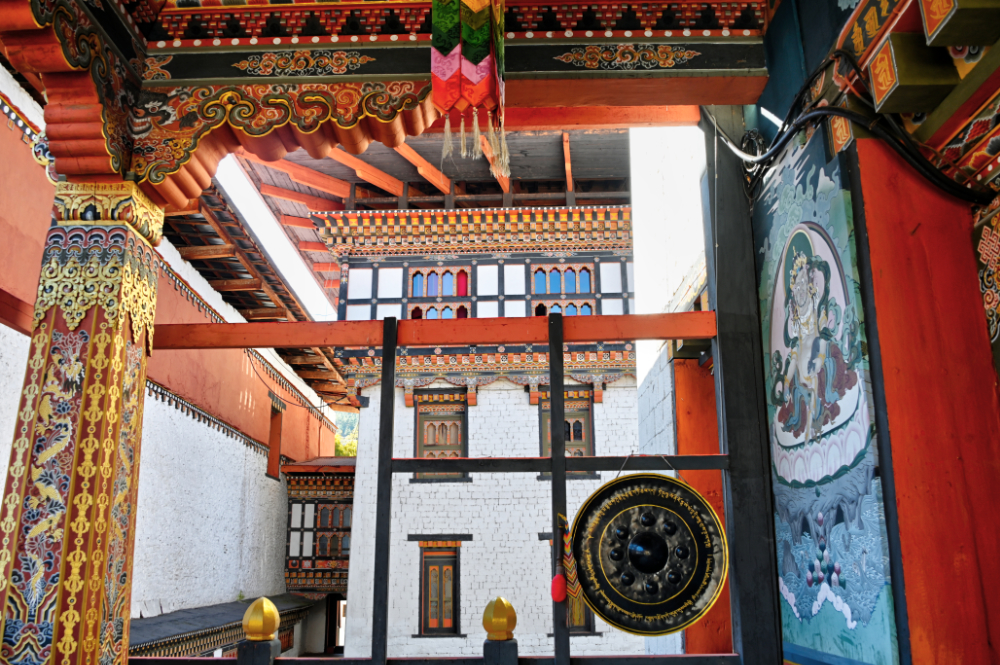 Painted wooden architectural details of Tashichho Dzong in Bhutan