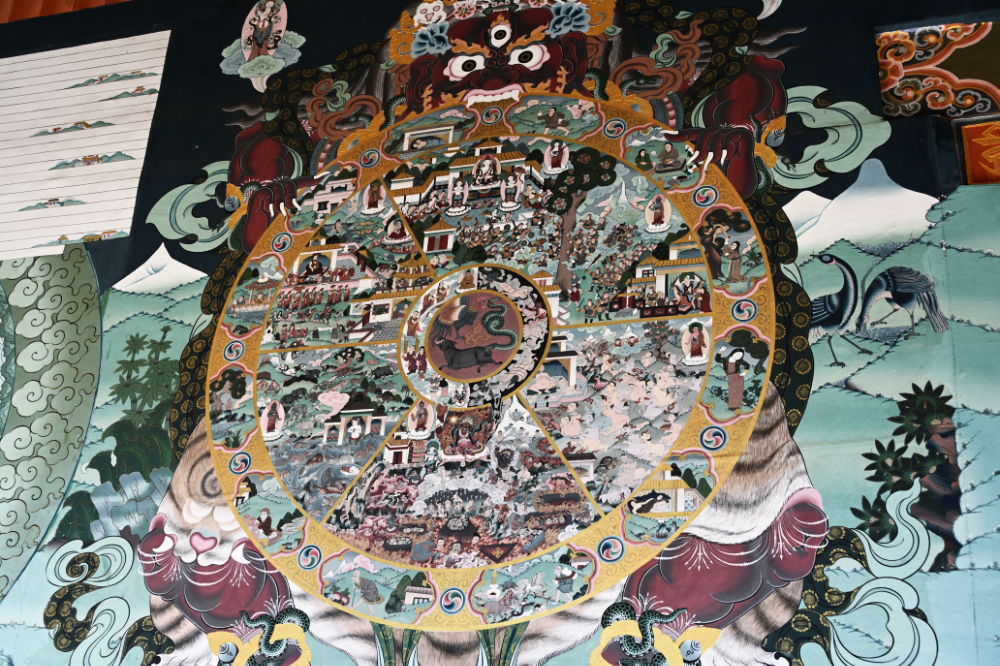Buddhist religious decoration at Tashichho Dzong in Thimphu, Bhutan