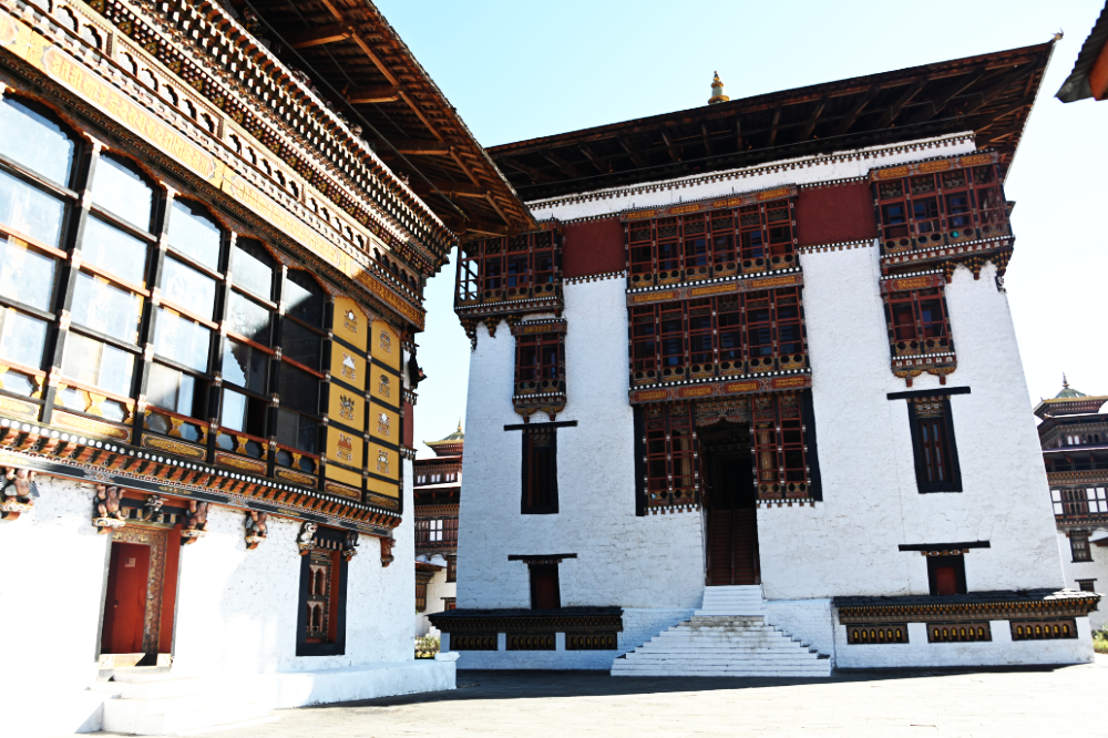 Traditional building overlooking the courtyard of Tashichho Dzong in Thimphu