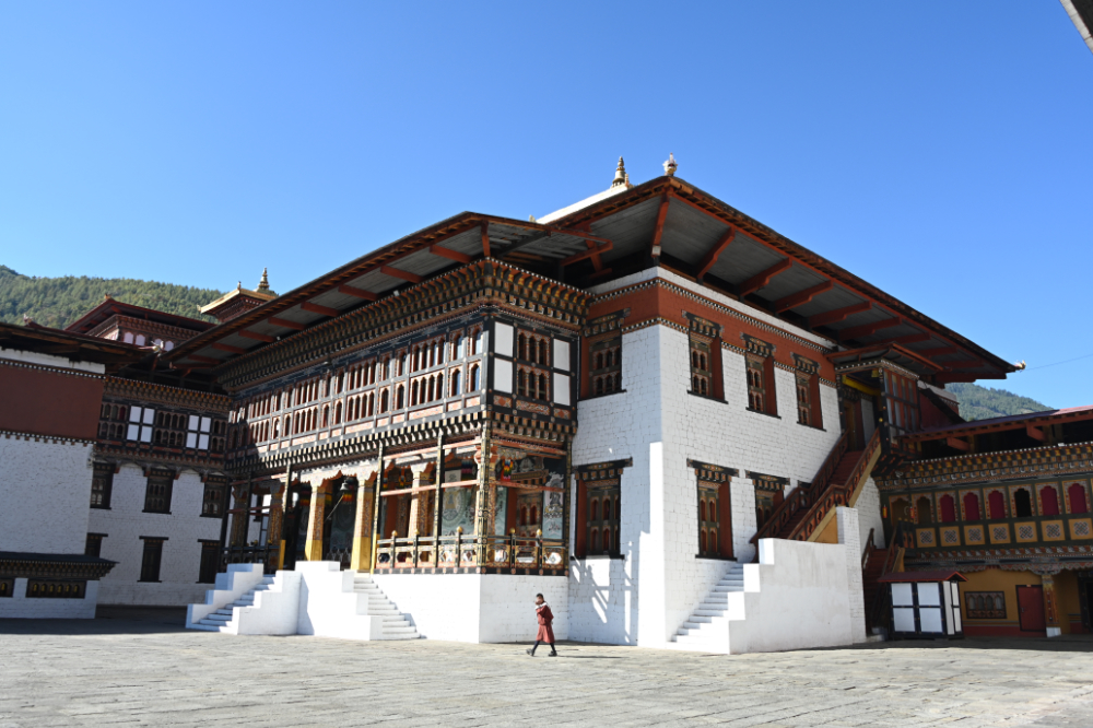 Large interior courtyard of Tashichho Dzong in Thimphu, Bhutan