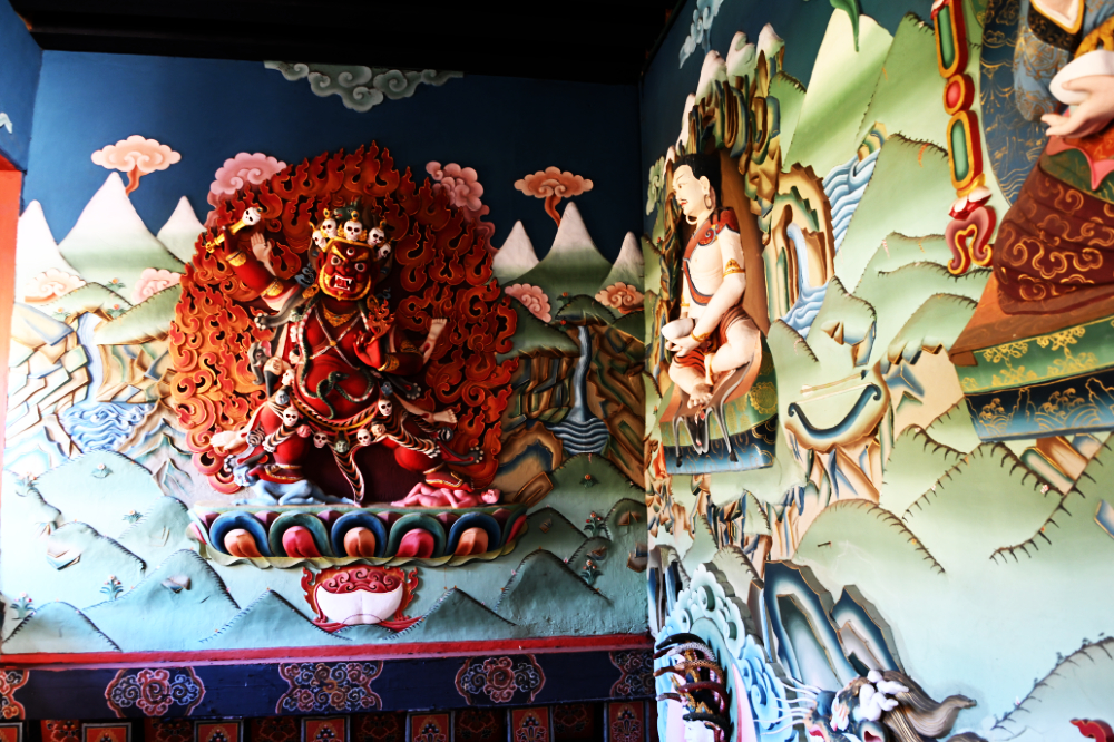 Colorful painted decoration at Tashichho Dzong in Thimphu
