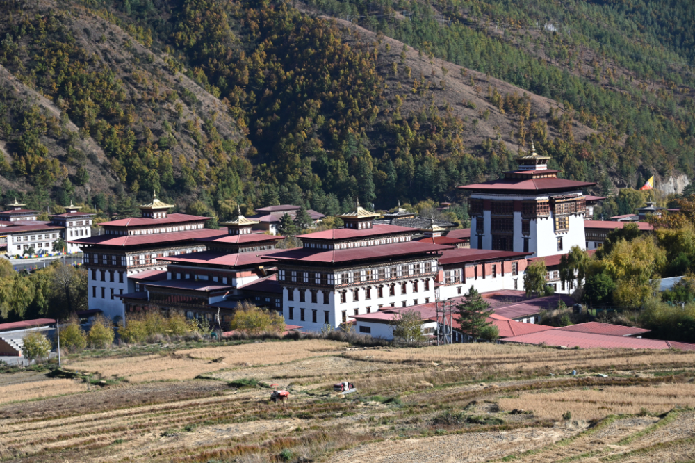 Bhutanese government building with traditional architecture in Thimphu