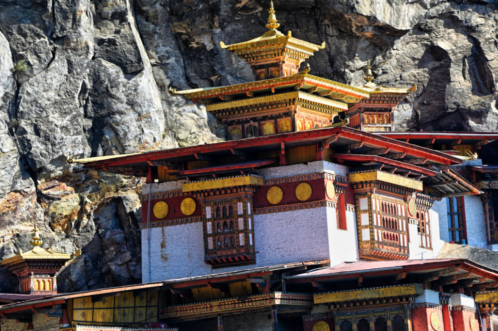 Close view of the buildings of Tiger's Nest Monastery on the cliff