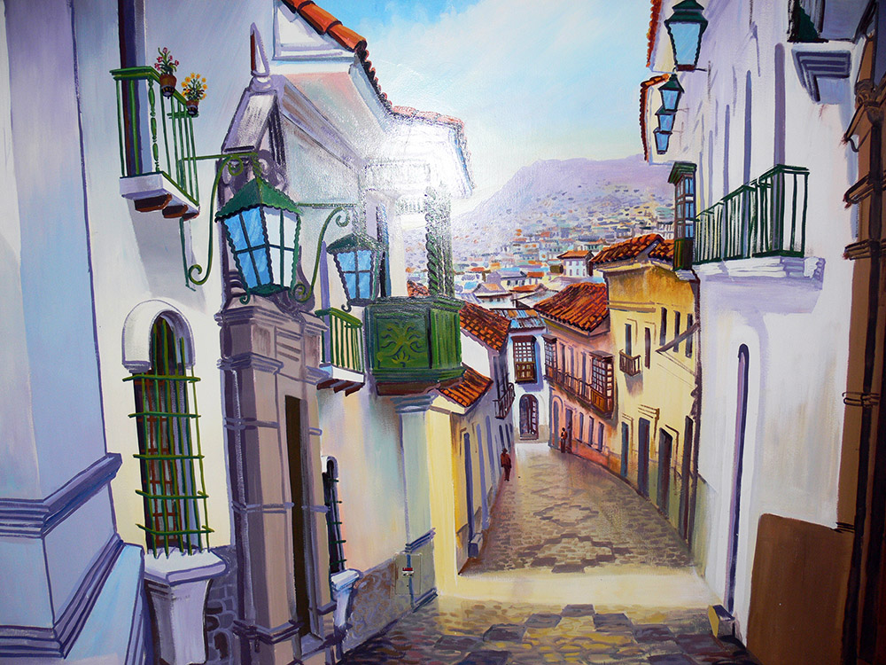 Mural of La Paz inside a hostel