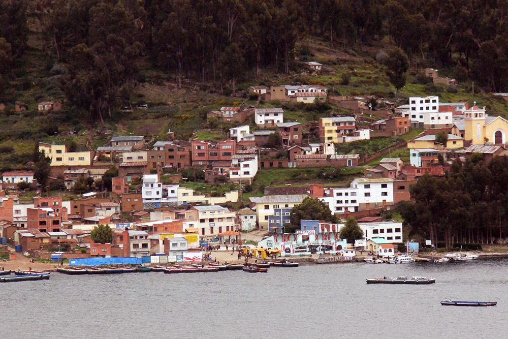 Small town and ferry crossing on Lake Titicaca