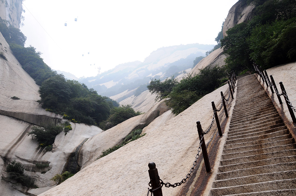 Cable cars and steep trail on Mount Huashan