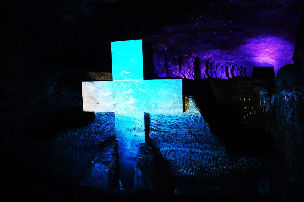 Illuminated cross inside the Salt Cathedral of Zipaquira