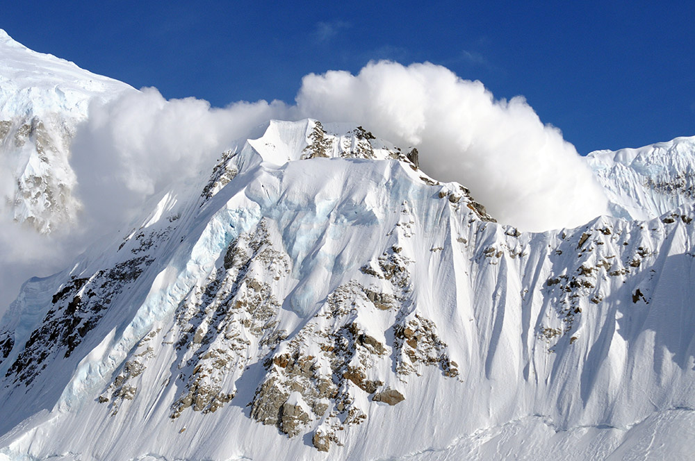 Snow cloud from an avalanche near Denali Base Camp
