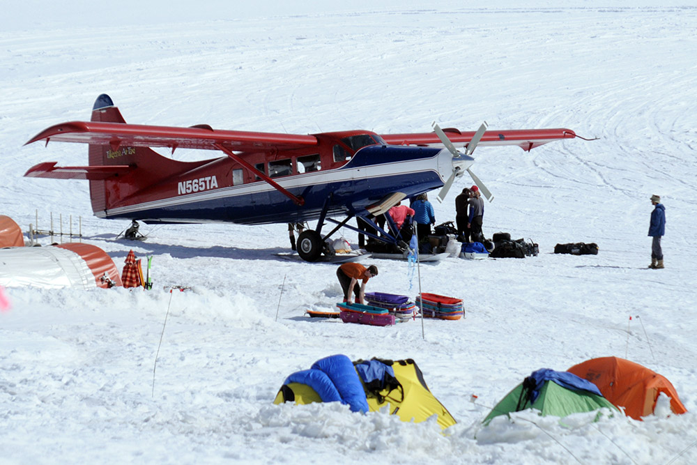 Plane landing at Denali Base Camp on the Kahiltna Glacier