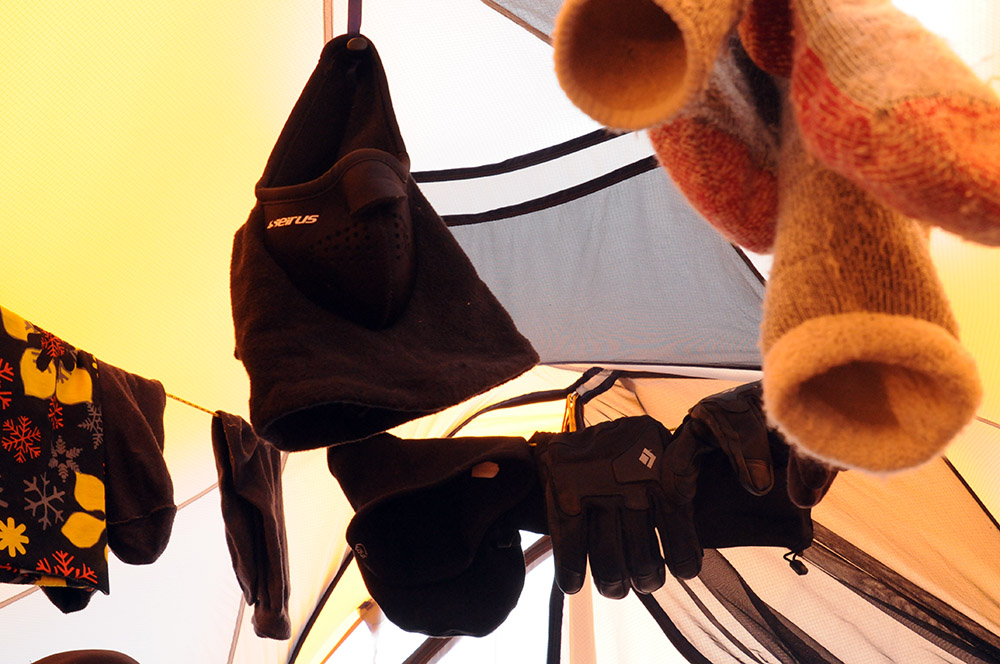 Drying equipment inside my tent at Denali Camp II