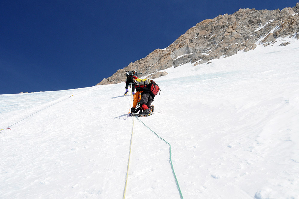 Climbing the fixed ropes on Denali
