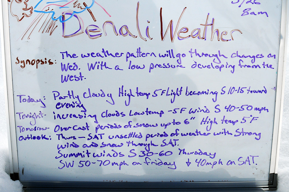 Weather forecast posted at Denali Advanced Base Camp
