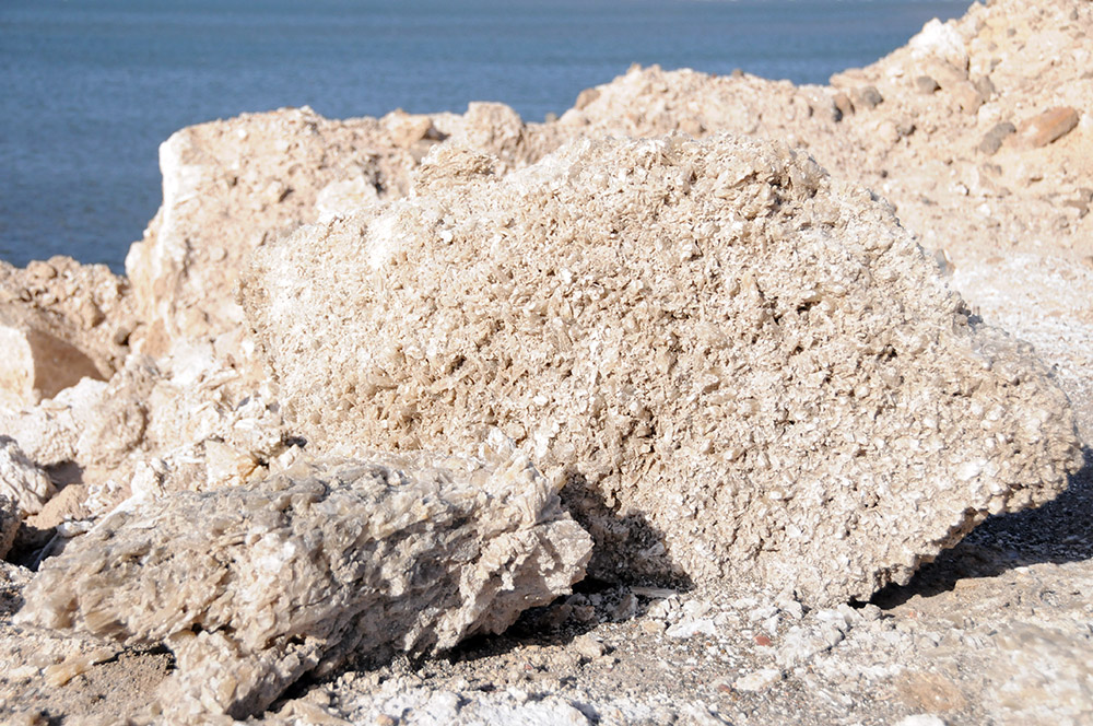 Thick salt formations along the shore of Lake Assal in Djibouti