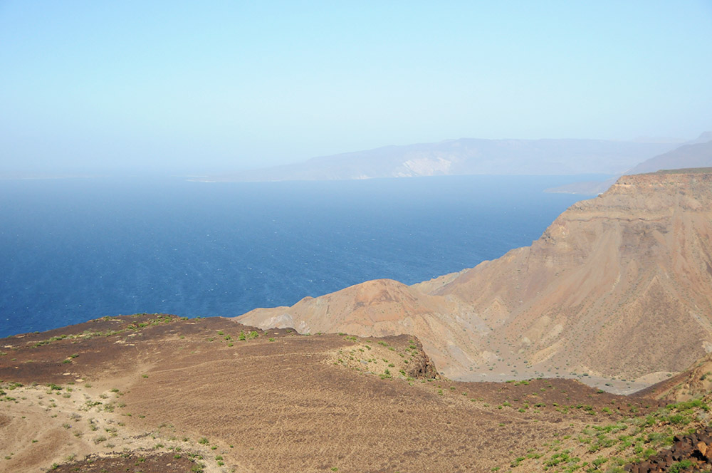 Deep blue waters of Ghoubbet Bay surrounded by mountains in Djibouti
