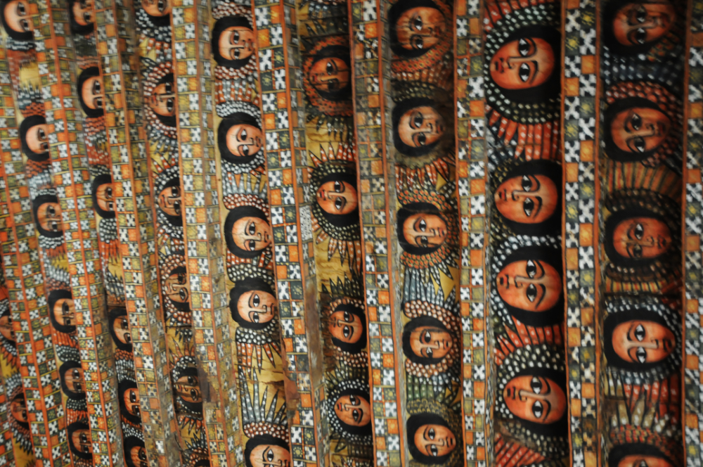 Angel-covered ceiling inside Trinity Church in Gondar