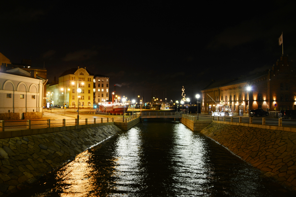 Waterway and buildings along the waterfront in Helsinki, Finland
