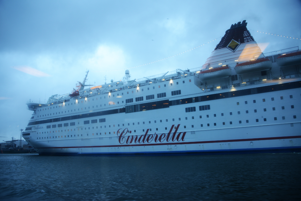 Large passenger ferry sailing from Helsinki harbor in Finland
