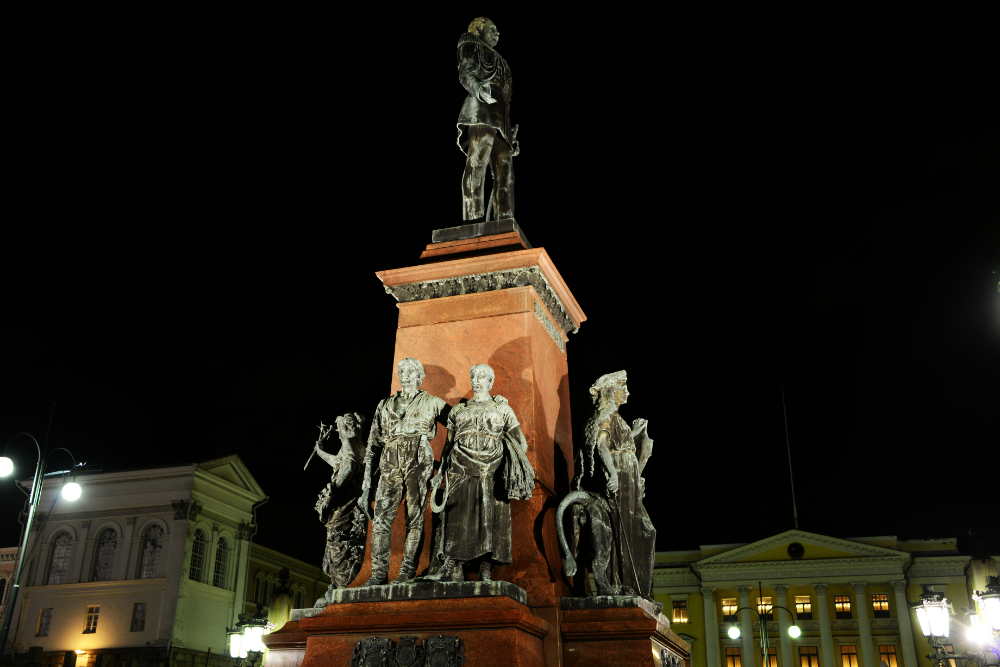 Statue and historic architecture in Helsinki, Finland