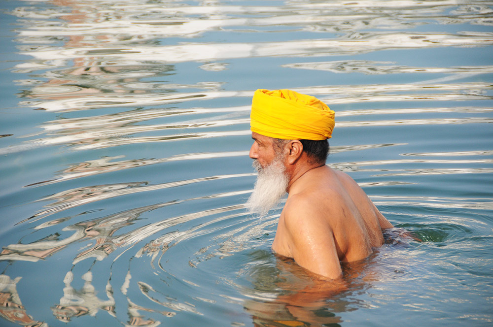 Sikh pilgrim bathing at the Golden Temple