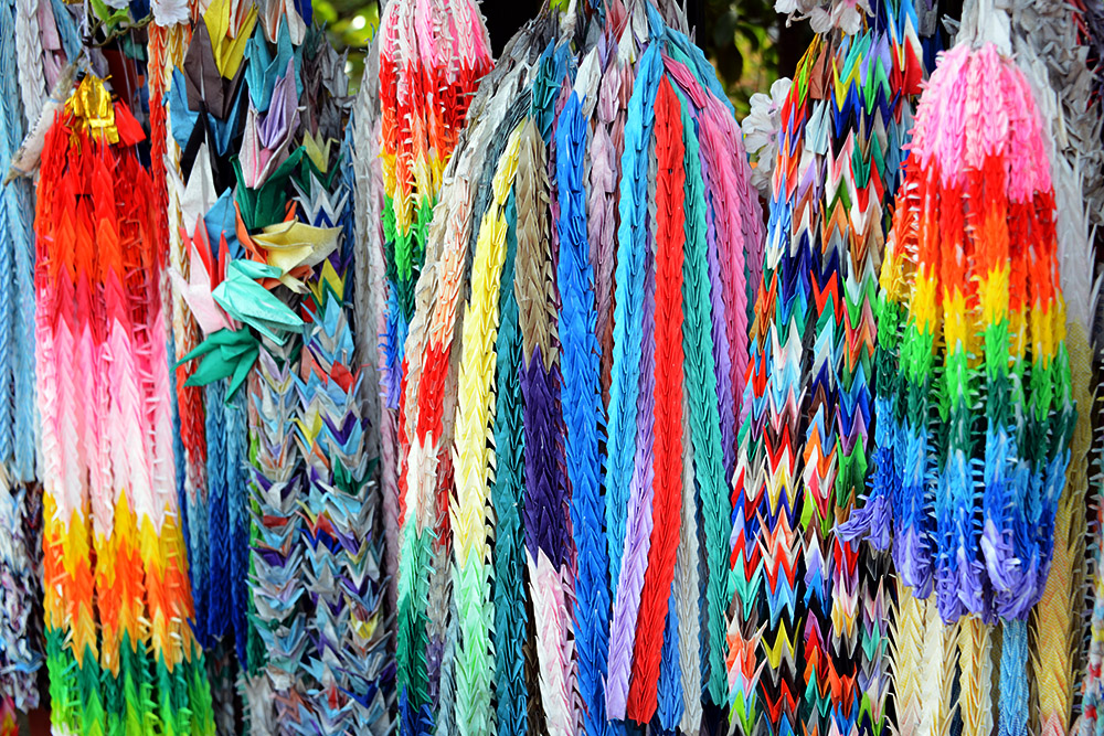 Colorful origami paper cranes in Kyoto