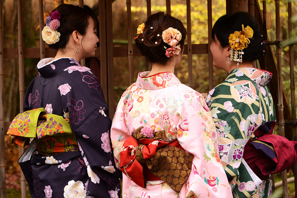 Visitors in traditional clothing at Hogonin Temple