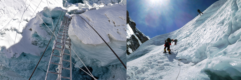 Climbing through the Khumbu Icefall on Mount Everest