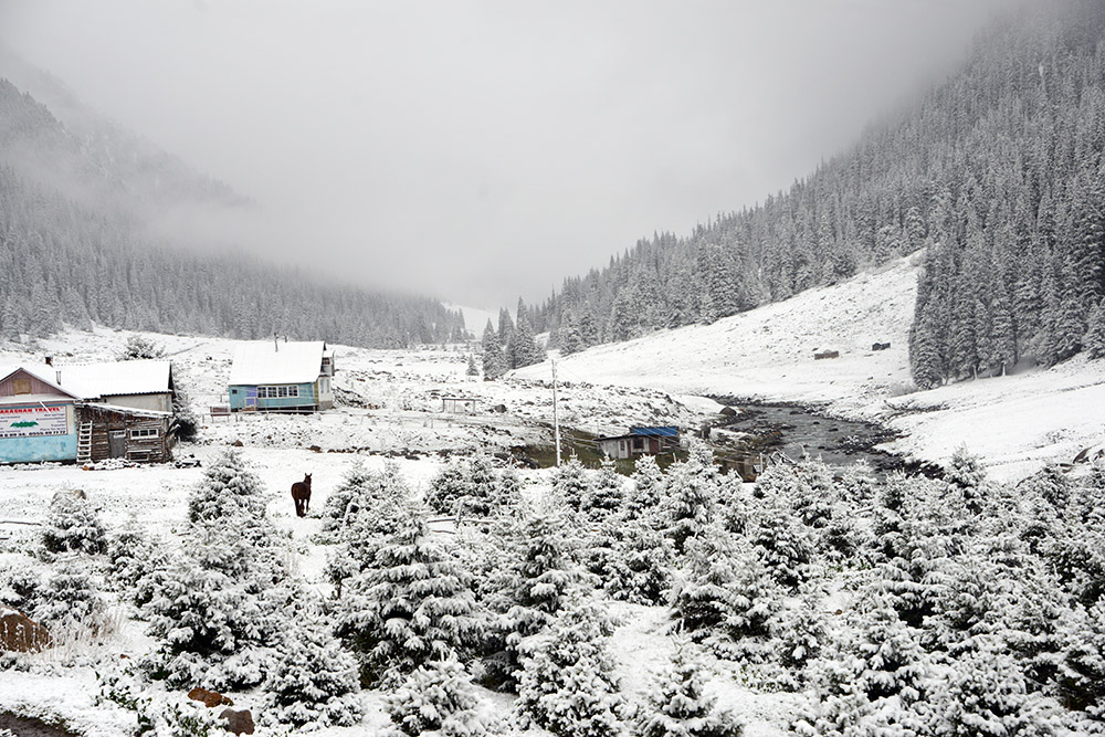 Snow covering a Tian Shan valley in Kyrgyzstan