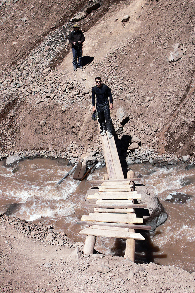 Crossing a mountain stream near Aconcagua Base Camp