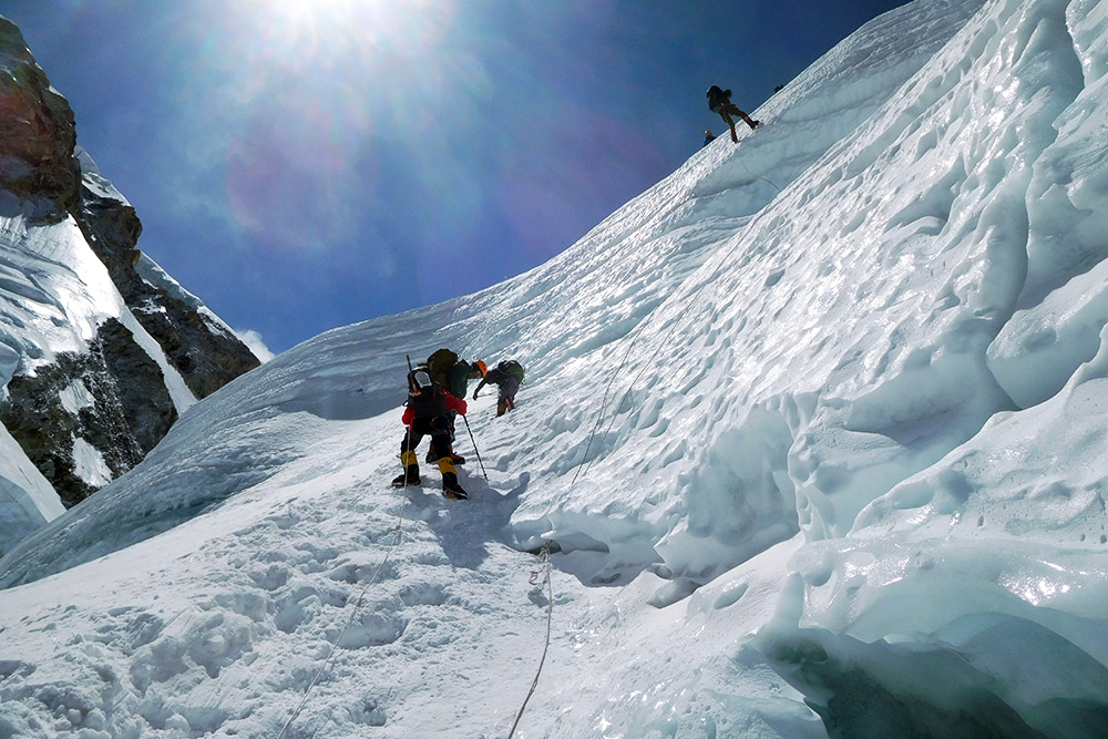 Rappelling into the upper Khumbu Icefall