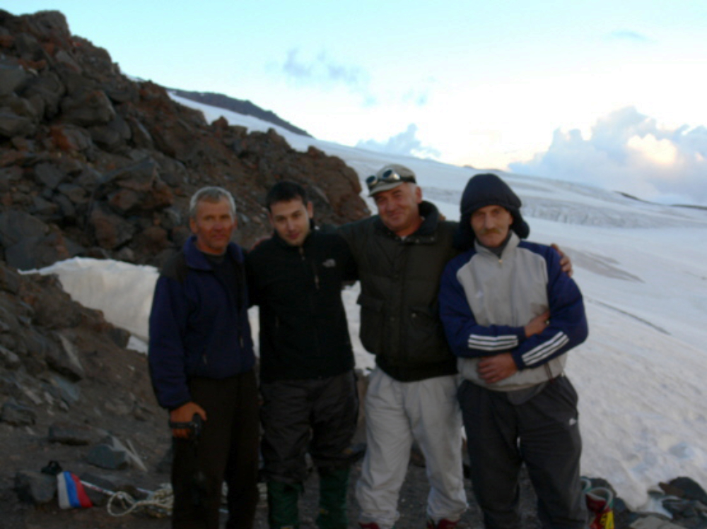 With climbers at the Russian camp on Mount Elbrus