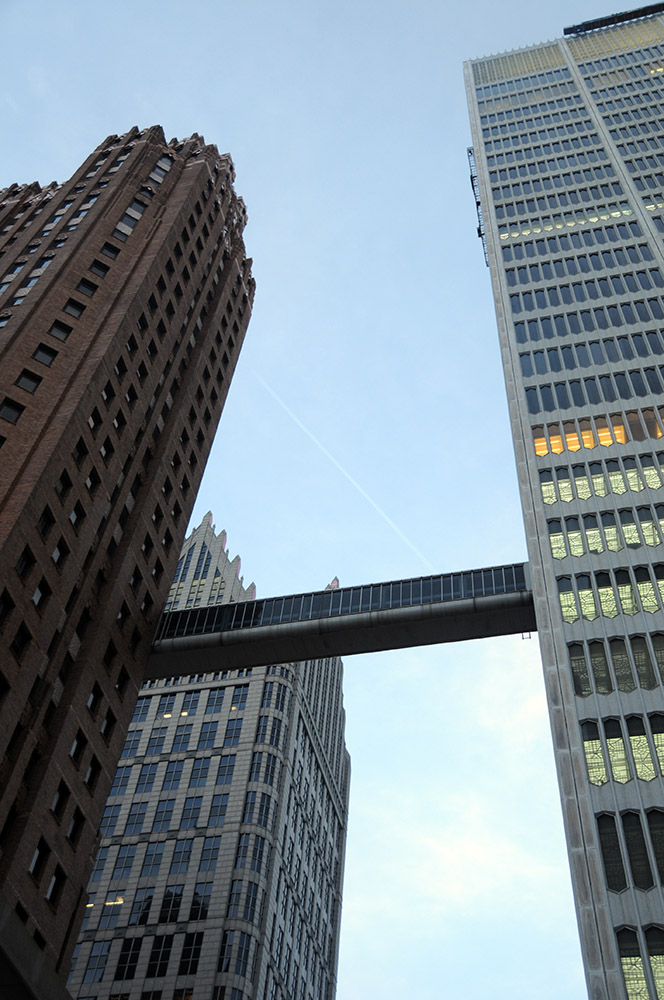Buildings and skybridge in downtown Detroit