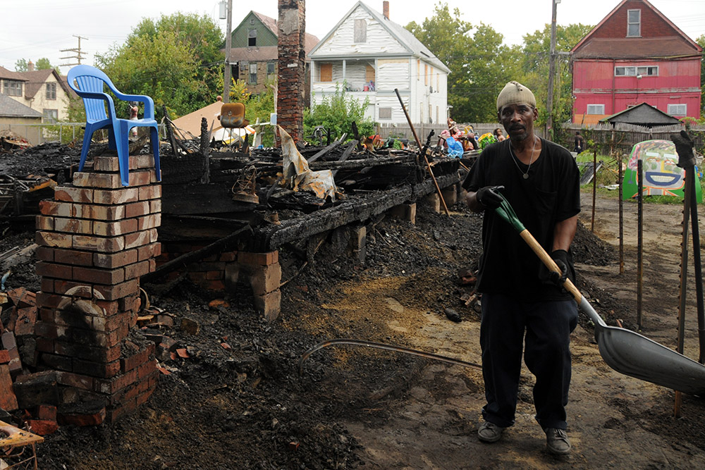 Fire damage at the Heidelberg Project in Detroit