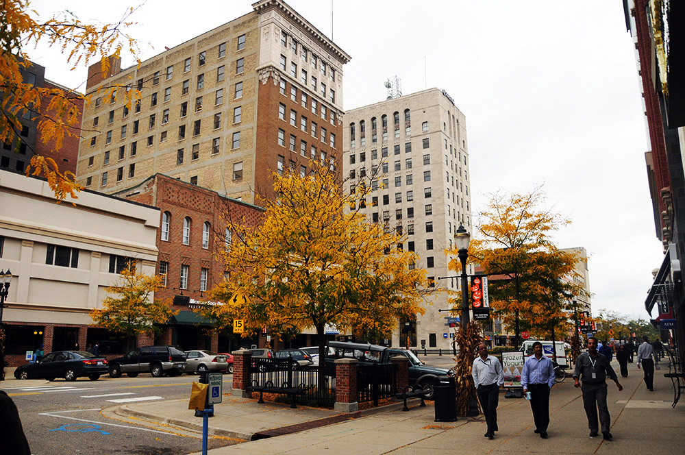 Downtown Lansing Michigan on a rainy fall day