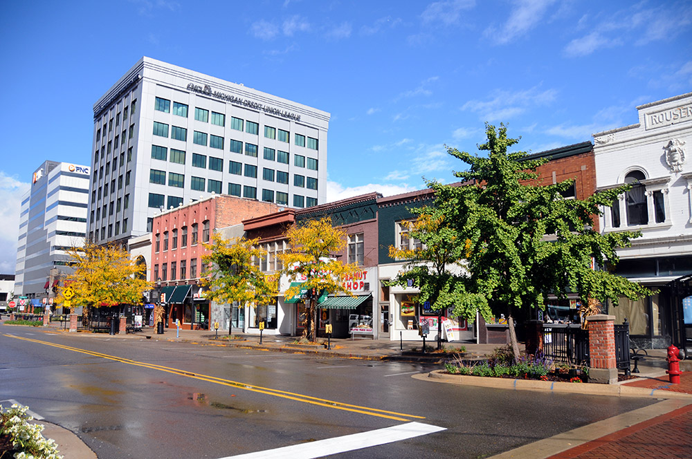 Shops and cafes in downtown Lansing Michigan