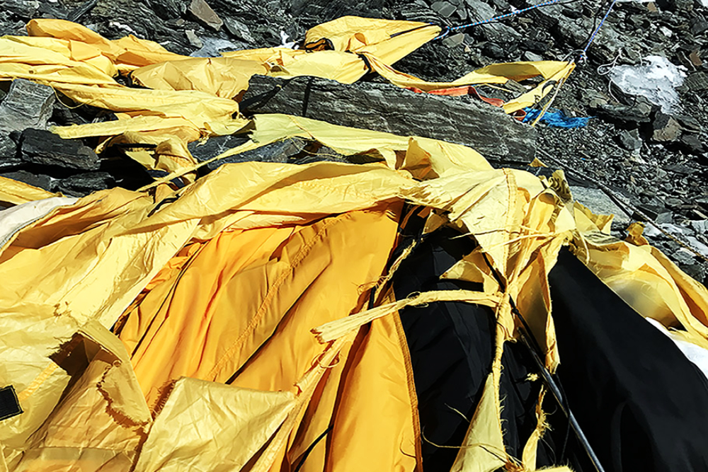 Tent destroyed by a windstorm at Camp II on Mount Everest