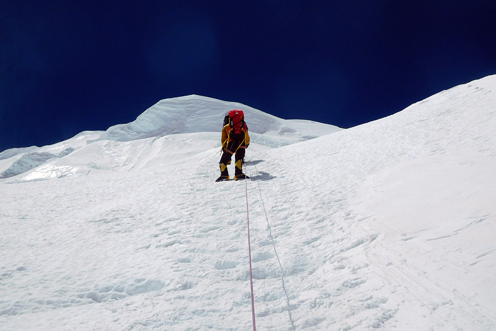 Climber ascending the North Col on Mount Everest