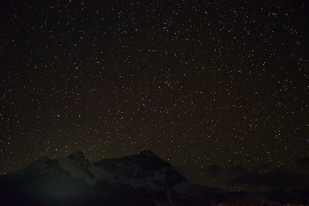 Starry night sky above Mount Everest Base Camp in Tibet